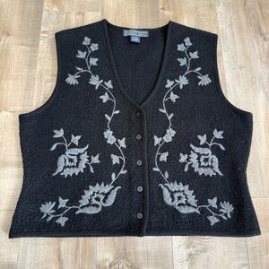 Vintage Herman Geist Wool Vest Women Large Black Embroidered Floral